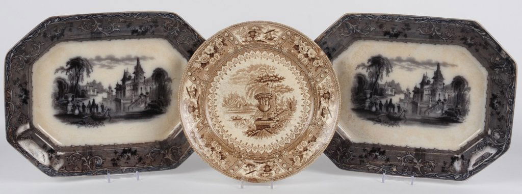 ANTIQUE MULBERRY TRANSFER PLATES: Two TJ & J Mayer Rhone Scenery platters, measure 10.5 x 13.5 inches each, hairline and rim chip on one, repaired chip on the other, both with staining. Plus a brown transferware plate Canova stoneware