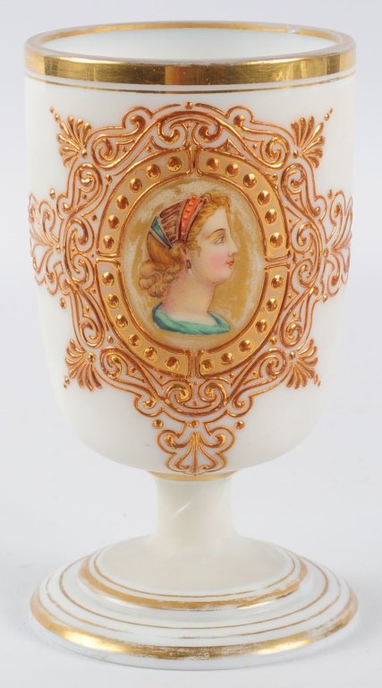 BOHEMIAN GLASS CHALICE WITH PORTRAIT: With polished pontil, measures 5 inches. We are happy to offer in-house shipping for all but very large or very fragile items. Some international orders may need to be handled by a third party shipper