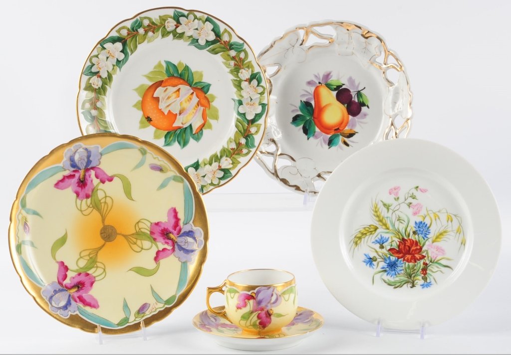LIMOGES BLANK STOUFFER STUDIOS PAINTED CHINA: Cup, saucer and plate, artist signed E. Felix on all, cup measures 2.25, saucer measures 5.5, plate measures 8.5 inches. Plus three other antique plates, measure 8 to 8.5 inches. We are happy to offer