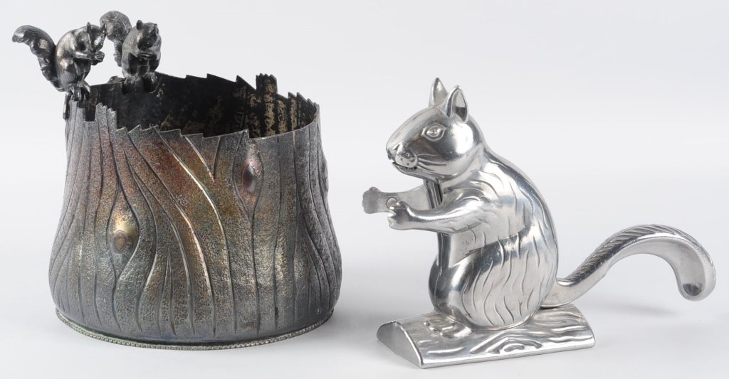 VICTORIAN QUADRUPLE PLATE FIGURAL SQUIRREL BOWL: Marked on the base, measures 7 x 6.5 inches. Eleven nut picks, squirrel pattern Derby Silver Co. Silver Plate"#1875. Plus a modern figural squirrel nutcracker, measures 6. x 8.25 inches. We are happy 