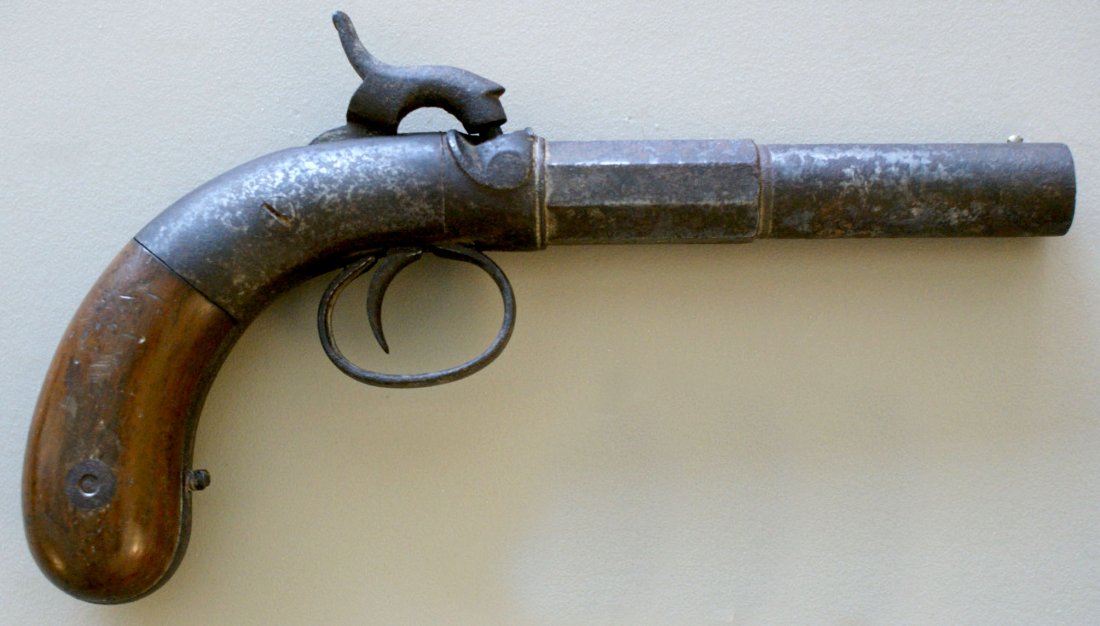 PERCUSSION CAP SINGLE SHOT PISTOL ATTR ALLEN & THURBER: Faint, worn markings appear as LE & BERWORSTER CAST STEEL. Measures 8 inches overall, rusted and corroded. Provenance: Carlton Chester Moulthrop. We are happy to offer in-house shipping for all but ve