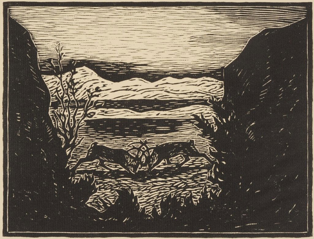 JOHN SAVIO (1902-1938) PENCIL SIGNED WOODBLOCK PRINT: Titled 'Opgjör' and edition 27/100 lower left, signed lower right, block size 7.75 x 10, sheet measures 11.5 x 16 inches. We are happy to offer in-house shipping for all but very large or very fragil