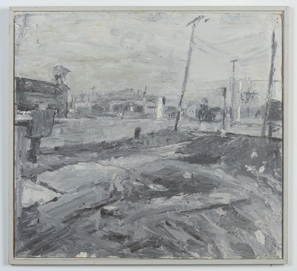 STANLEY LEWIS (BORN 1941) OIL ON MASONITE: Signed verso and titled '63 & Oak', board measures 22 x 14 inches, frame measures 23 x 25 inches. Provenance: The Estate of Kansas Artist David Melby. We are happy to offer in-house shipping for all b