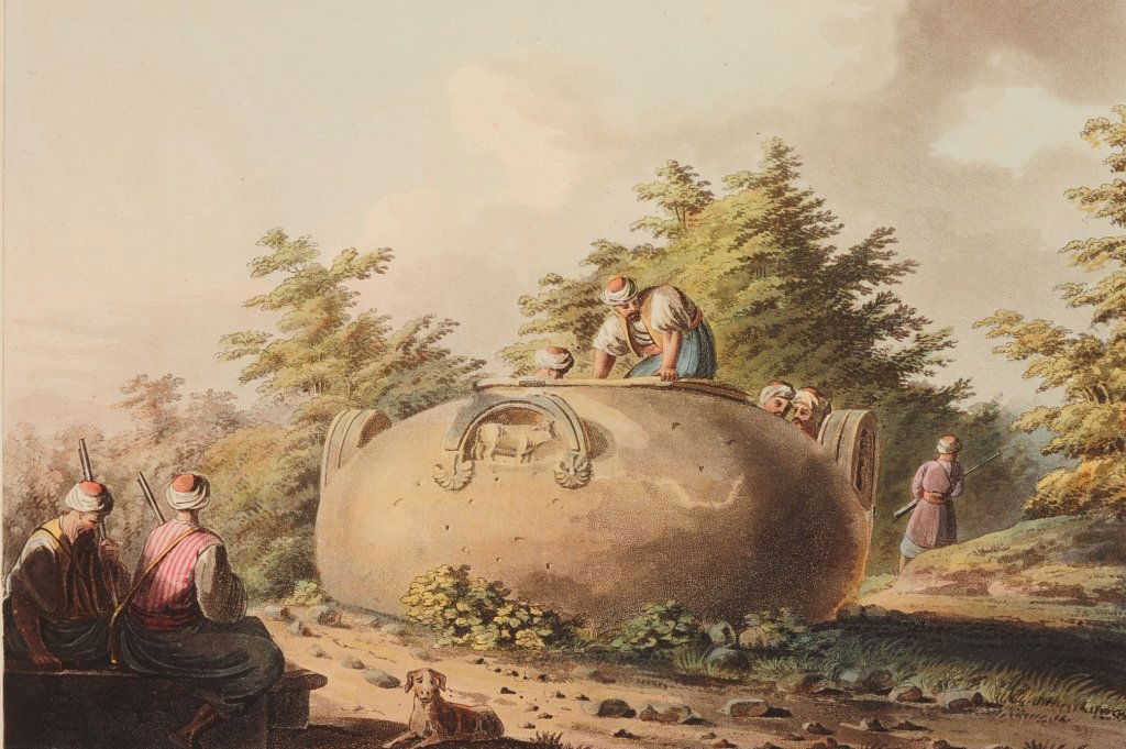 TWO 19TH CENTURY PRINTS: Including a hand colored etching titled 'A Colossal Vase Near Limisso In Cyprus' with an overall size of 11.5 x 15.5 inches full sheet. Plus a copper plate etching study of a leg and feet with an over