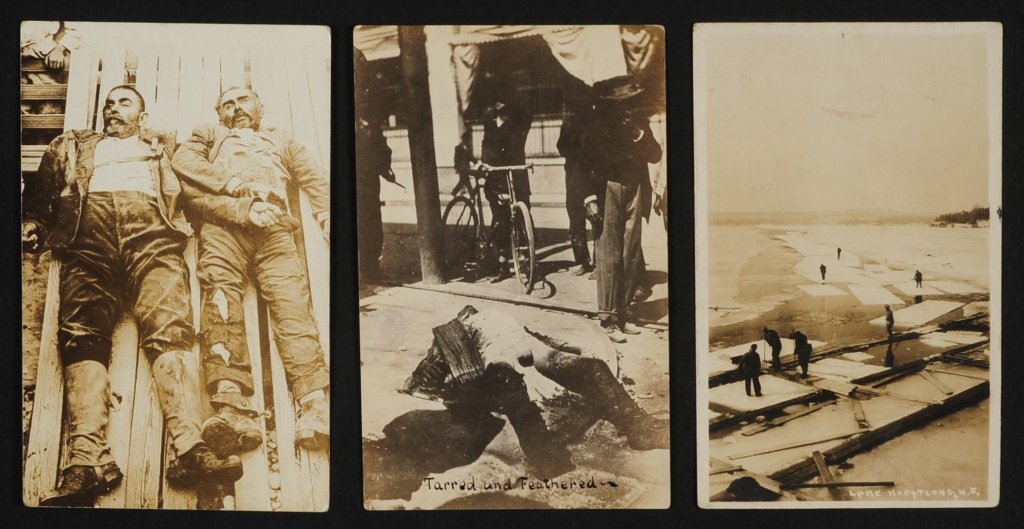 NICE LOT PHOTOGRAPHY AND REAL PHOTO POSTCARDS: RPPC include Tarred and feathered body, Early automobiles and accidents, dead outlaws, two copies of 'Only Horse Survivor of Custards Last Stand' with name incorrectly spelled 'Comache', hunters, an e