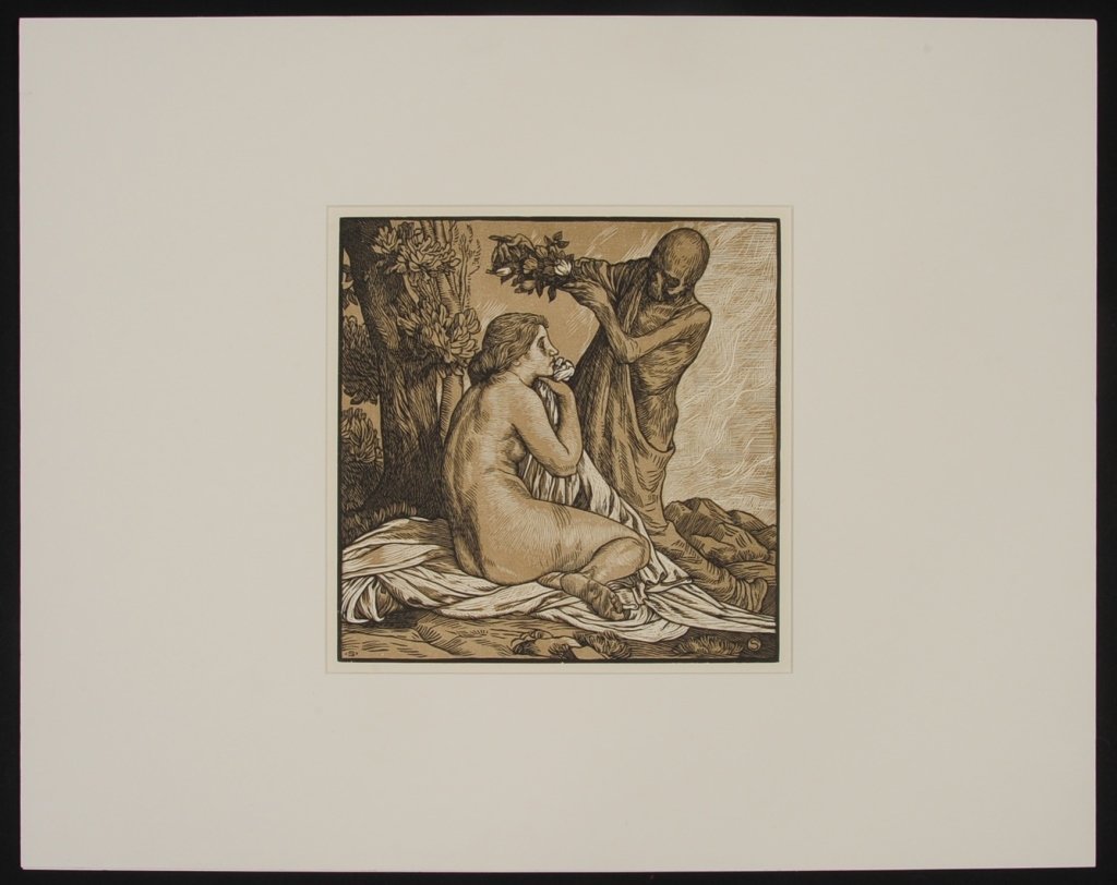WILLIAM STRANG (1859-1921) CHIAOSCURO WOOD CUT: A three color block print signed in the plate 'Death, The Lover', Circa 1901. The image itself measures 11.5 x 11.5 and the full untrimmed sheet measures 17 x 23 inches. Provenance: The Estate of Kans