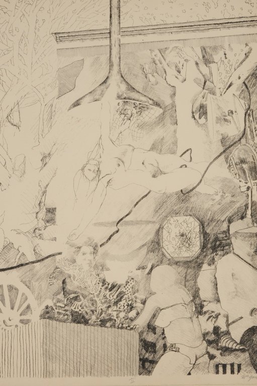 JAMES MCGARRELL (BORN 1930) PENCIL SIGNED LITHOGRAPH: Titled Inventions II, signed lower right. Measures 25.75 x 19.5 inches. Provenance: The Estate of Kansas Artist David Melby. We are happy to offer in-house shipping for all but very large or very frag