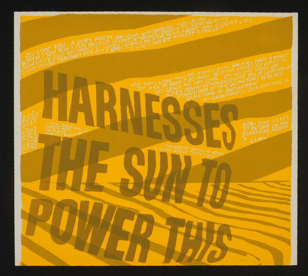 SISTER MARY CORITA KENT (1918-1986) PENCIL SIGNED: Pencil signed 'Corita' lower right, titled 'Harnesses the Sun to Power This', image measures 20.5 x 22, sheet size 20.75 x 23 inches. Provenance: The Estate of Kansas Artist David Melby. We are happy 