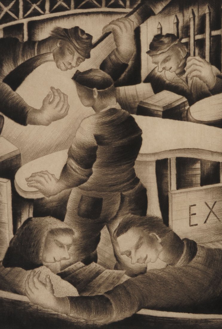 DONALD VOGEL (BORN 1902) PENCIL SIGNED ETCHING: Titled 'Bull Fiddle in the Turner Tile' lower left and edition 5/20, signed lower right, plate size 10 x 7.75, sheet measures 12.75 x 10.75 inches. We are happy to offer in-house shipping for all but 
