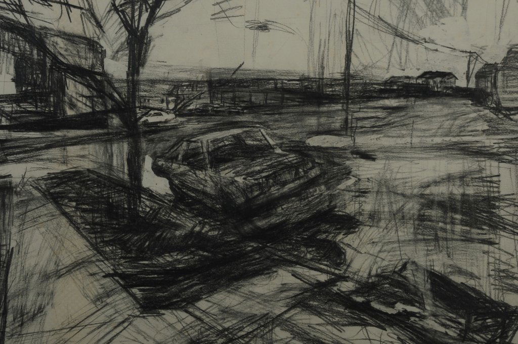 STANLEY LEWIS (BORN 1941) CHARCOAL SKETCH ON PAPER: Signed lower left and dated 1981, titled '62nd Terr. K.C.', deckled sheet measures 22 x 26, frame measures 30 x 34 inches. Provenance: The Estate of Kansas Artist David Melby. We are happy to offer in