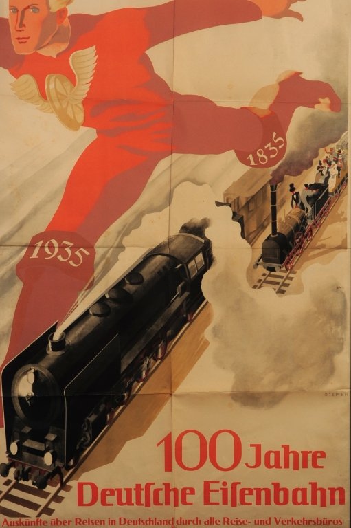 WALTER RIEMER (B. 1896) 1930s GERMAN RAILROAD POSTER: 100 Jahre Deutsche Eisenbahn (100 Years of German Railways)' framed poster, signed Riemer, screen printed, frame measures 41.75 x 26.75 inches. Provenance: The Estate of Kansas Artist David Melby. We