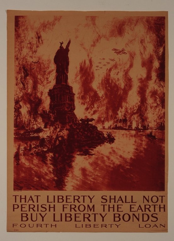 CIRCA 1914 WWI UNITED STATES PROPAGANDA POSTER: Illustrated by Ellsworth Young (1866-1952), 'Remember Belgium, Buy Bonds Fourth Liberty Loan' World War I poster, polychrome screen printed, measures 30.5 x 20 inches. Provenance: The Estate of Kansas