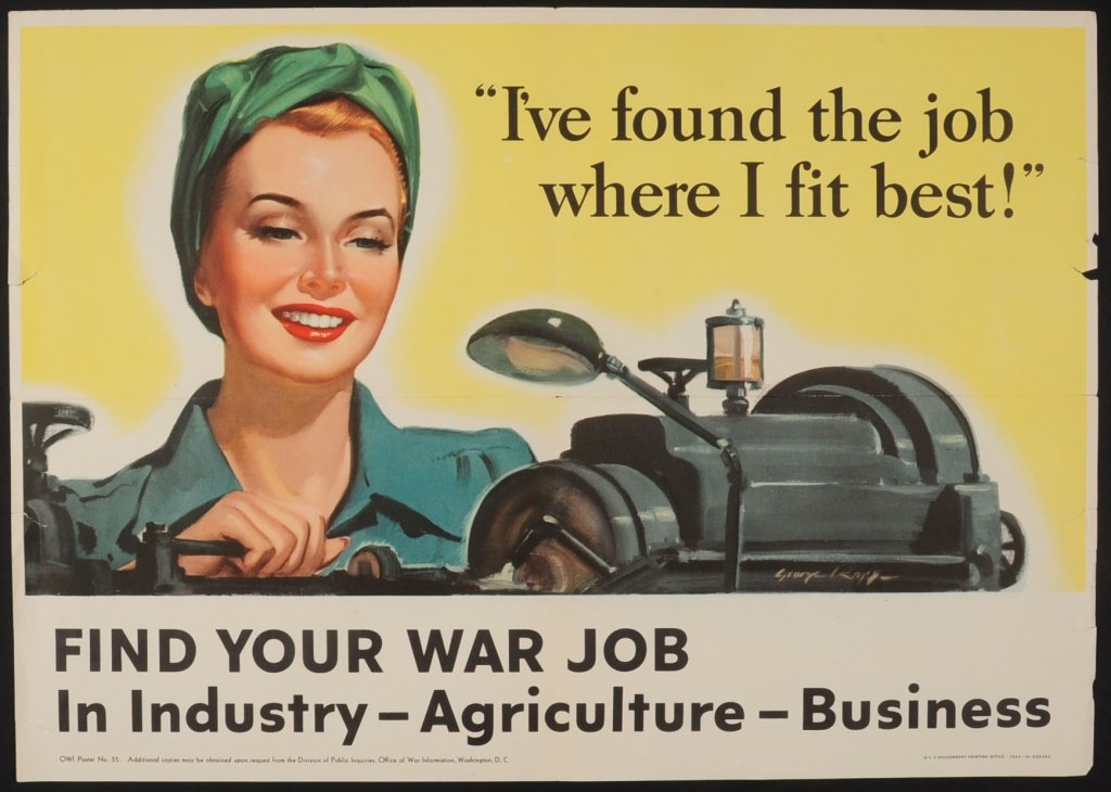 TWO UNITED STATES WWII PROPADANDA POSTERS: I've found the job where I fit best!' World War II poster, illustrated by George Roepp, offset lithograph, dated 1943 lower right, measures 16 x 22.5 inches. Plus a 1944 'Soldiers Without Guns' World