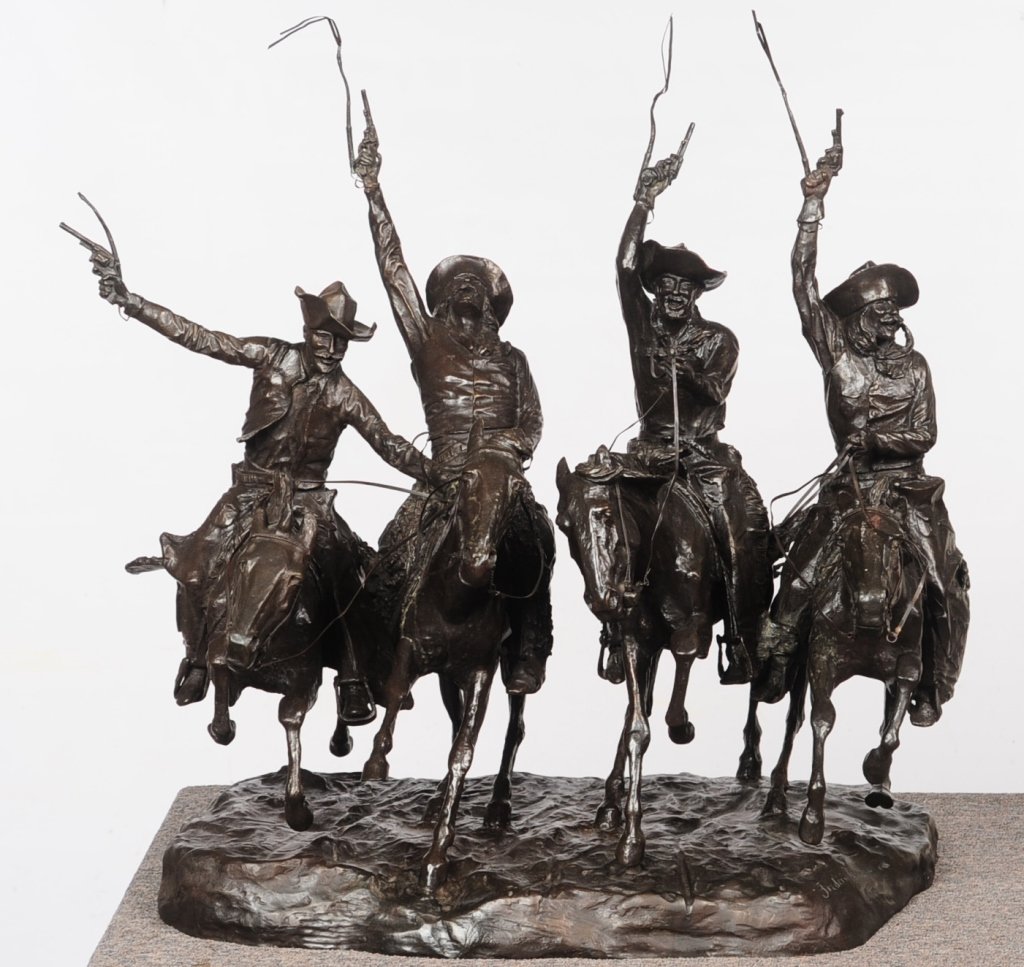 FREDERIC REMINGTON (1861-1909) REPRODUCTION BRONZE: Coming through the Rye', signed lower right, measures 30 x 25 inches. We are happy to offer in-house shipping for all but very large or very fragile items. Some international orders may need to be han
