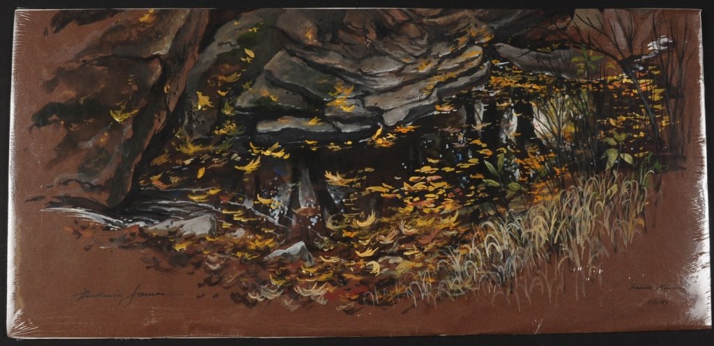 FREDERIC JAMES (1915-1985) GOUACHE ON PAPER: Titled 'Shawnee Mission Park' and dated 11/15/84 lower right, signed lower left, unframed, measures 12 x 25.75 inches. Provenance: The Estate of Kansas Artist David Melby. We are happy to offer in-hou