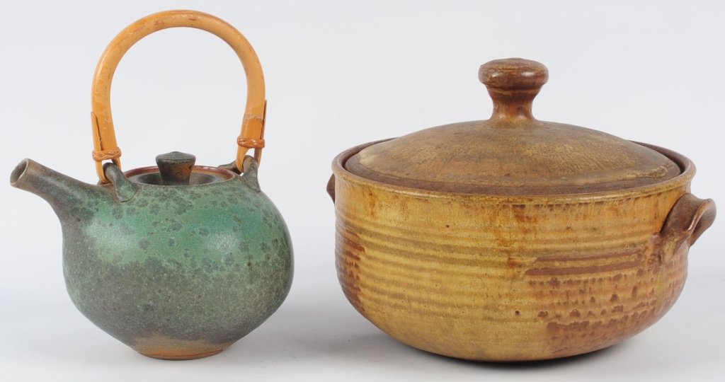 STUDIO POTTERY INCLUDING KENNETH FERGUSON (1938-2005): Ken Ferguson covered piece with damage to the lid, measures 8 x 10.25 inches. George Lowe (20th century, Iowa) teapot, signed on the base and dated 1998, bamboo handle, measures 9 x 7 inches, good. Pl
