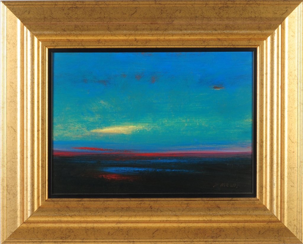 TWO DAVID MELBY (1942-2014) PAINTINGS: Titled 'Contrails in the Evening Sky' and dated June 2, 1978, unsigned, board measures 8 x 9.25, frame measures 15 x 16 inches. Titled 'Evening Grace of Light', signed lower right, board measures 10 x