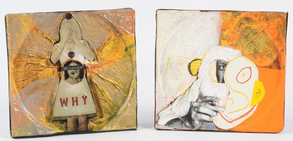 BRIDGET STEWART MIXED MEDIA COLLAGE ON COMPACT DISC: Five inch square CD case halves with paint and applied imagery. Provenance: The Estate of Kansas Artist David Melby. We are happy to offer in-house shipping for all but very large or very fragile item