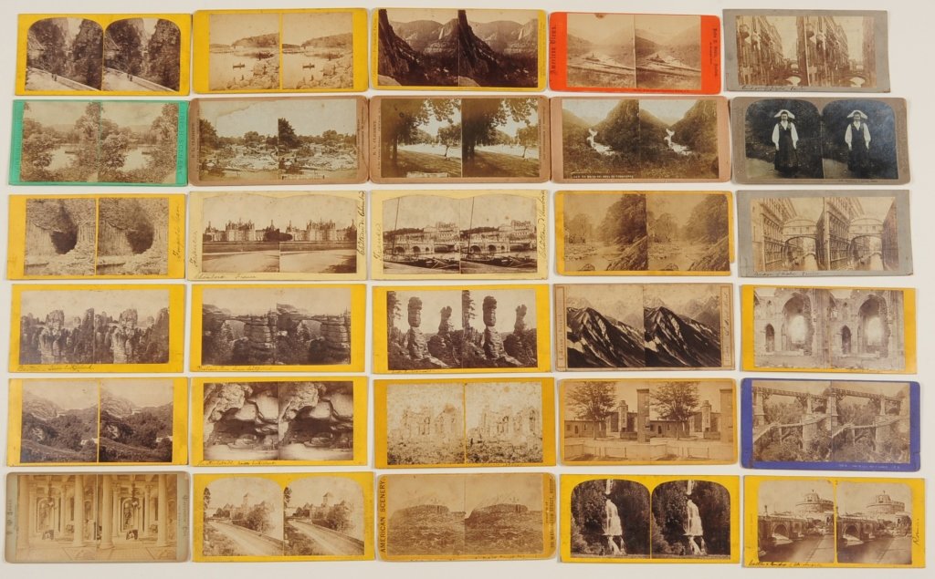LARGE LOT OF 205 REAL PHOTO STEREO VIEW CARDS: Subjects include railroad, natural formations and many waterfalls, children, astronomy, and miscellaneous. We are happy to offer in-house shipping for all but very large or very fragile items. Some in