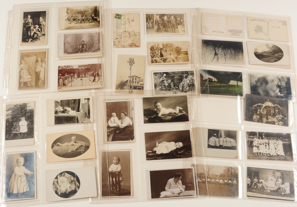270 REAL PHOTO POST CARDS: 285 post cards, subjects include: knife throwing performer of later vintage, ca. 1910; family of performers; Christmas tree family; Booster Day and other events; eruption of Lassen Peak; goat pulling 
