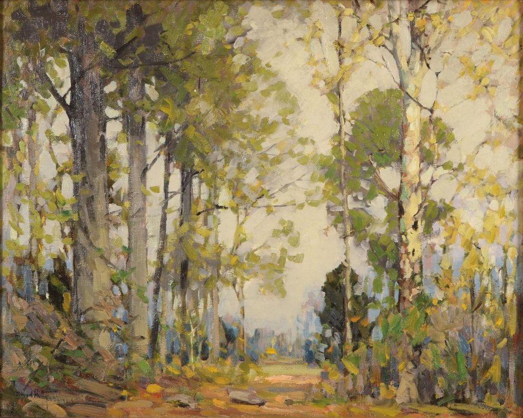 ALFRED HEBER HUTTY (1877-1954) OIL ON CANVAS: Titled 'Through the Wood' on the stretcher, signed lower left and again on the stretcher, noted 'Woodstock NY' verso, canvas measures 16 x 20, frame measures 23 x 27 inches. Displayed in a very fine p