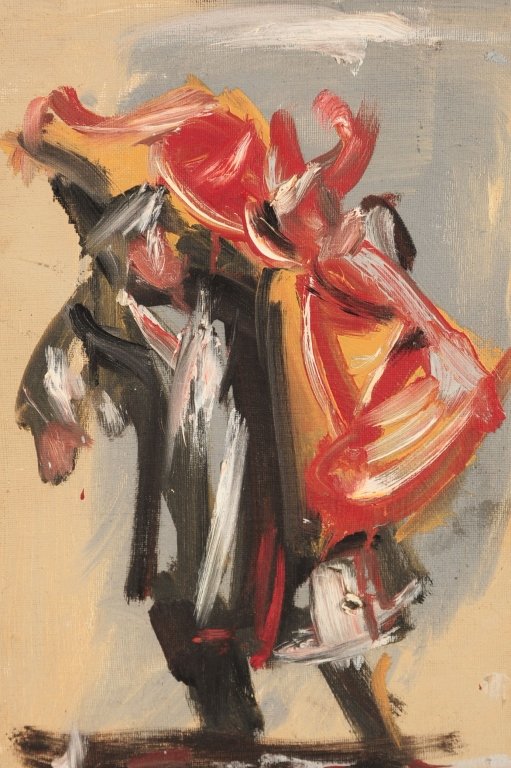 JEAN HELION (1904-1987) OIL ON BOARD: Initialed lower right and dated 63, titled 'Porteur de Boeuf' verso, canvas measures 10.5 x 7.5, frame measures 11.5 x 8.5 inches. Provenance: Estate of Kansas Artist David Melby.We are happy to offer