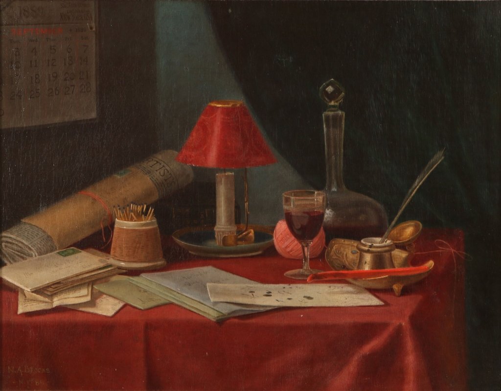 NICHOLAS BROOKS NA (1840-1904) OIL CANVAS STILL LIFE: Nicholas Alden Brooks specialized in still life compositions of this quality but not always did they include the trompe l'oeil technique found here. Note the torn page from the 1889 advertising calend