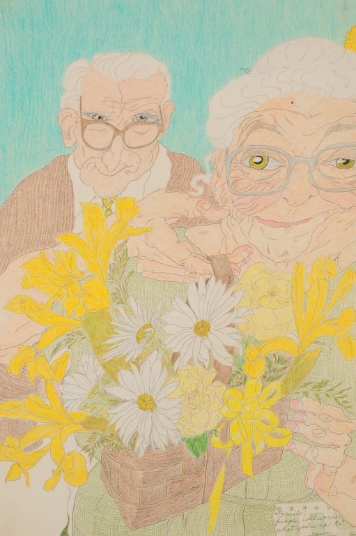 ELIZABETH (GRANDMA) LAYTON (1909-1993) GRAPHITE AND: Signed lower left and dated May 15, 1983, unframed, sheet measures 22.5 x 15.25 inches. The following information was provided by Don Lambert who discovered Elizabeth Layton and the art she created fo