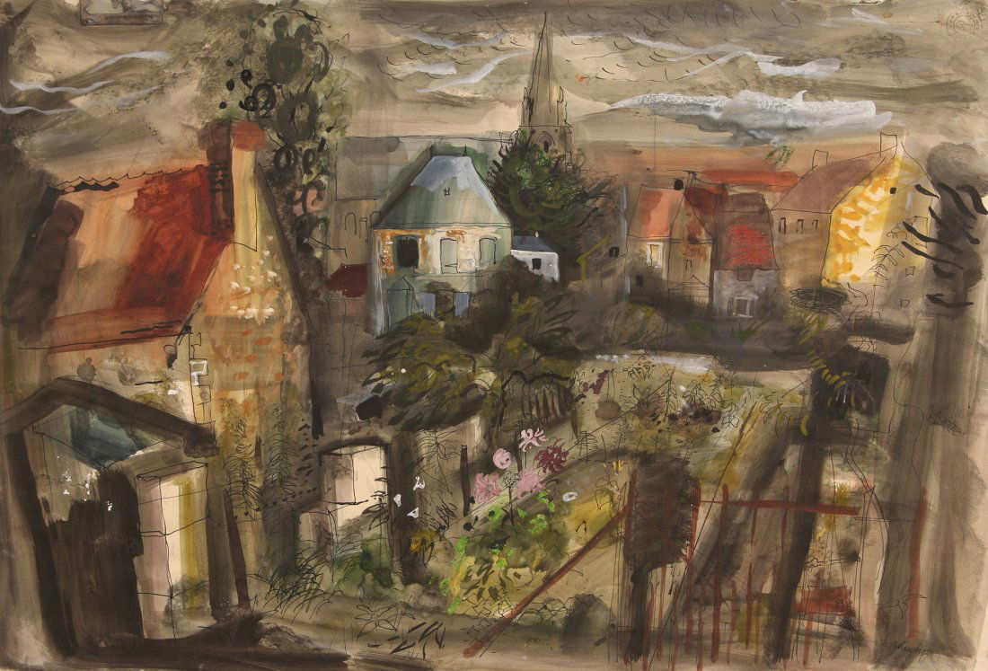 JOHN PIPER (BRITISH 1903-1992) MIXED MEDIA ON PAPER: A semi-abstract composition titled French Garden 1956 in pencil verso. Signed front lower right, the sheet size of the work itself measures 22 x 29 inches on Schoeller's Parole paper with blind stamp.