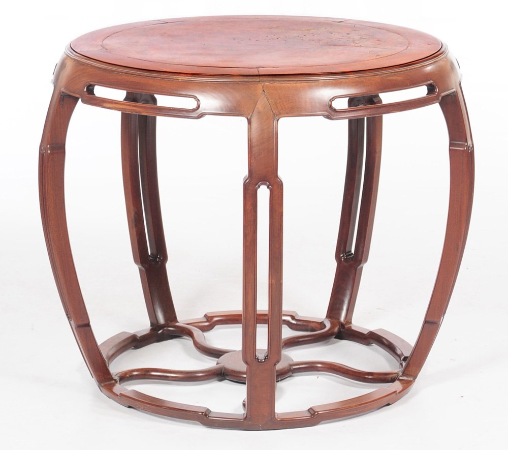 ANTIQUE CHINESE BARREL FORM TABLE: Chinese, hardwood barrel-form table with elegantly-carved, beaded edge pierced legs and unusually finely carved base ring attached to five curved stretchers emerging from central circular disk, burl w