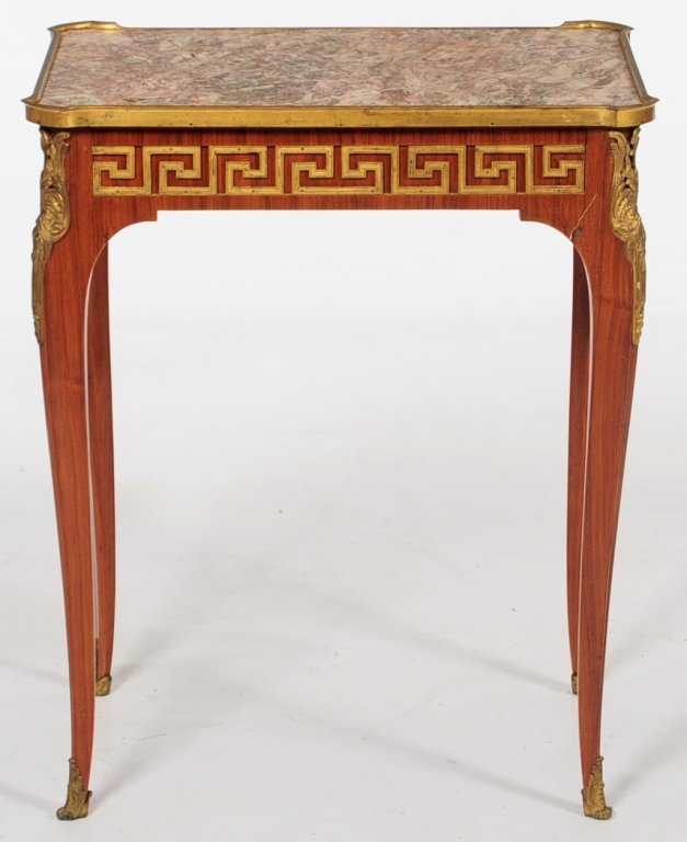 Louis XVI Style BRONZE Mounted Kingwood Table: Rectangular brass-bound rouge marble top with outset canted corners above a gilt metal-mounted Greek key frieze and single locking drawer with original key, raised on slender cabriole legs headed by m
