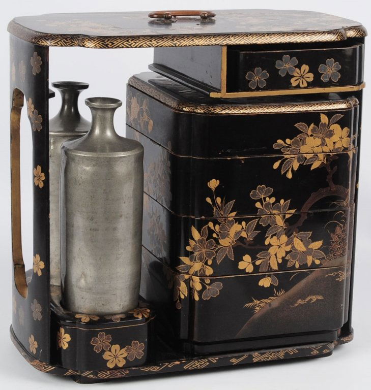 ANTIQUE CHINESE LACQUERED FOOD CONTAINER STORAGE BOX: Black Lacquer Food Box with figural and floral carving, and gold paint. Measures 11.75 x 12.25 x 7 inches.We are happy to offer in-house shipping for all but very large or very fragile items. Some int