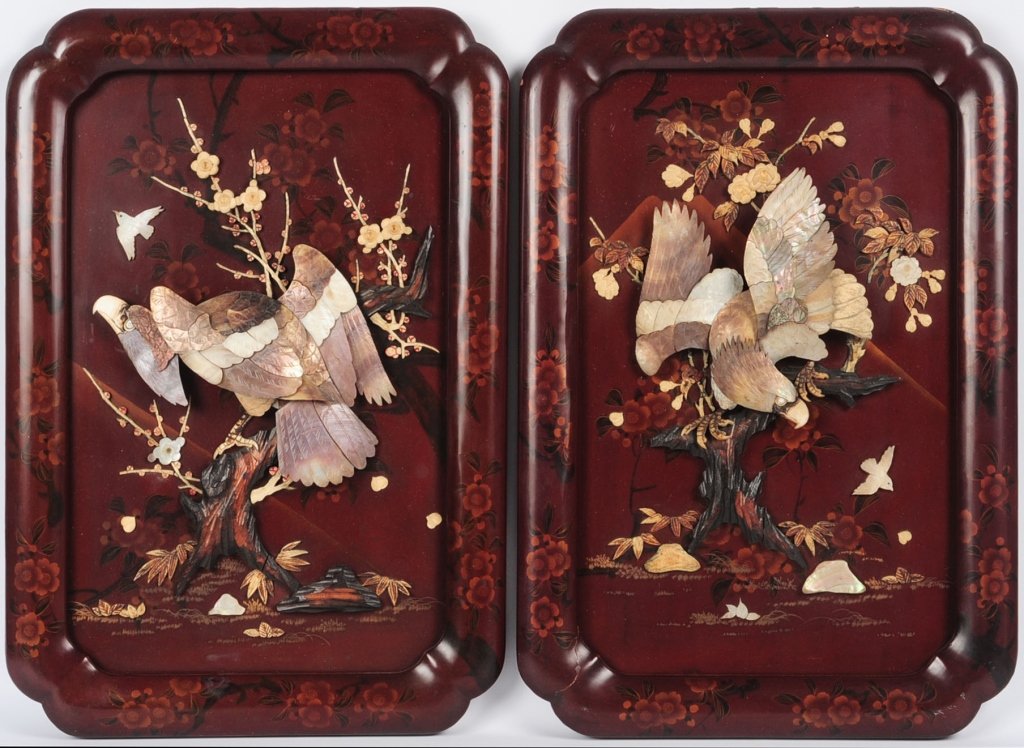 PAIR ANTIQUE JAPANESE LACQUERED PANELS: Each with full-bodied abalone eagles on carved wood tree surrounded by bone and shell blossoms and birds, Intricately Inlaid depicting roosting eagles and small birds with flowering trees, rocks, and 