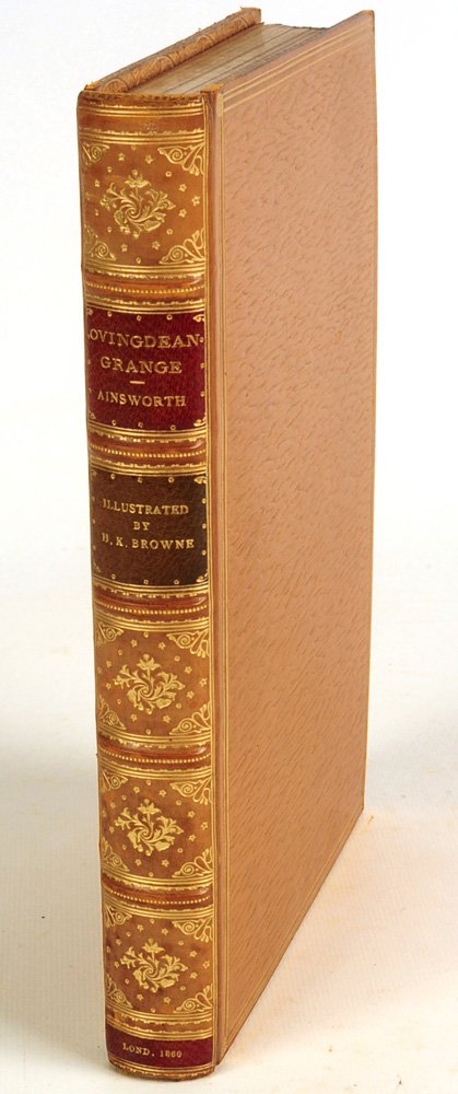 1860, WILLIAM AINSWORTH, 'OVINGDEAN GRANGE': William Harrison Ainsworth, 'Ovingdean Grange,' illustrations by Hablot K. Browne, 357 pp. published London 1860. Rebound full tooled leather with raised bands and top edge gilt, original cover laid i