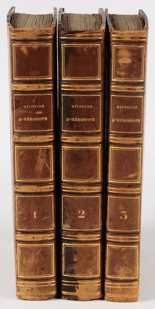 1822, HERODOTUS, 'HISTOIRE D'HÉRODOTE,' 3 VOL.: Complete in three volumes, published in French, Paris 1822 in quarter leather with marbled boards and endpapers. Map at back of volume three is present and appears in good shape. Measure 5.5 x 9 inche