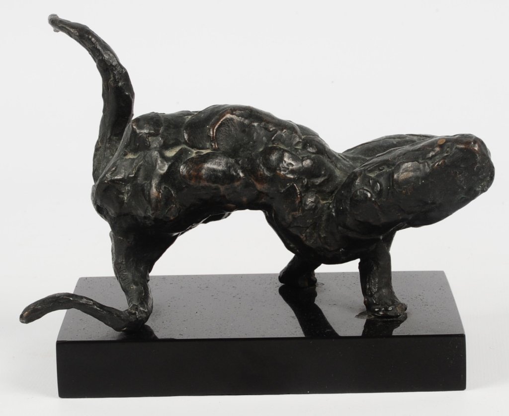 PAUL GRANLUND (1925-2003) BRONZE SCULPTURE: A cast bronze figure in brown black patina, titled Europa I, signed in the casting on the bull's lowest horn, a tag under the base with the title of the work. Measures 5.25 x 4 x 7 inches.We are happy