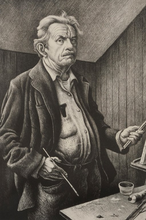 THOMAS HART BENTON (1889-1975) PENCIL SIGNED LITHOGRAPH: Self Portrait', 1972, signed lower right, edition of 300, Fath number 84, image measures 19.5 x 13.5, full deckled sheet measures 25 x 18.5, frame measures 27 x 21.5 inches.We are happy to offer in-ho