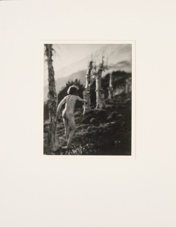 IMOGEN CUNNINGHAM (1883-1976) SILVER GELATIN PRINT: Titled 'Man Fleeing on the Mountain, 1915,' printed later - before 1970, signed in pencil on the mount, image measures 8.75 x 7, mount measures 14.5 x 11.5 inches. Provenance: The personal collection