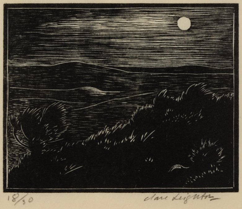 CLARE LEIGHTON (1898-1989) WOOD ENGRAVING IN TRAMP ART: A pencil signed miniature wood engraving titled 'Mini Moon.' Pencil signed lower right, marked '18/30' lower left. Sight measures 2.5 x 3 inches in a period tramp art chip carved wood frame measuring 