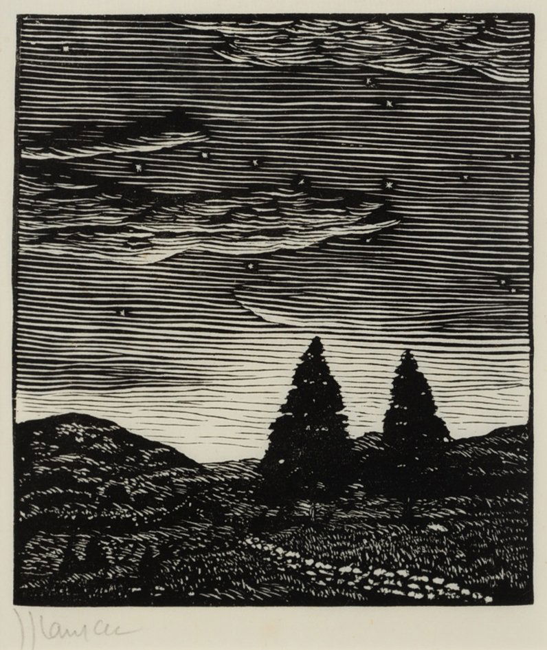 J. J. LANKES (1884-1960) SIGNED PRINT, TRAMP ART FRAME: Titled 'Starry Night,' signed in pencil lower left. Sight measures 4.75 x 4 inches in a period tramp art chip carved wood frame measuring 13.75 x 10.75 inches.We are happy to offer in-house shipping f