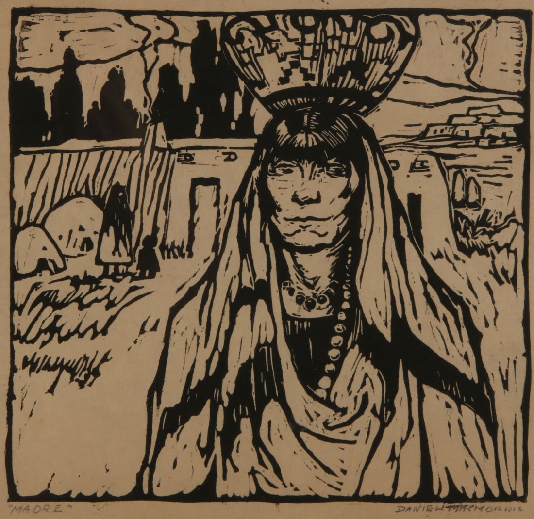 DANIEL MACMORRIS (1893-1982) PRINT IN TRAMP ART FRAME: A pencil signed block print titled 'Madre' lower left and signed in pencil lower left. Sight measures 6.5 x 6.5 inches in a period tramp art chip carved wood frame measuring 11 x 11.5 inches.We are ha