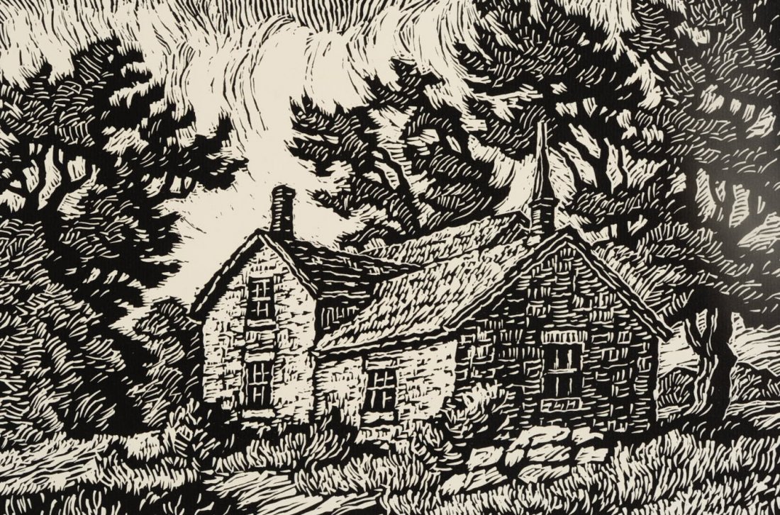 BIRGER SANDZEN (1871-1954) PENCIL SIGNED LINOCUT: Signed lower right, titled 'Blue Valley Farm' lower left, block size 9 x 12, sheet measures 12 x 15 inches, matted, unframed.We are happy to offer in-house shipping for all but very large or very frag