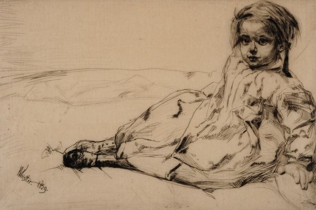 JAMES ABBOTT McNEILL WHISTLER (1834 - 1901) ETCHING: From the 'French Set' of 1857 - 1891, title: Bibi Valentin, 1859, Kennedy #50, laid tissue paper, no watermark, wide margins, signed and dated in the plate. Sheet size measures 8 1/6 x 11.5 inches, im