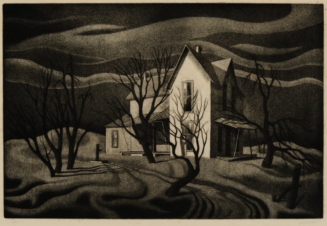 JESSE JAY McVICKER (1911-2004) PENCIL SIGNED AQUATINT: Pencil signed lower right, edition 6/25 lower left, dated 1942 in the plate, plate measures 10.25 x 15.25, frame measures 17.5 x 22.5 inches.We are happy to offer in-house shipping for all but very la