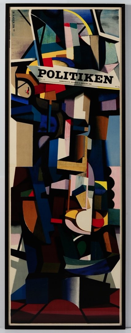 IB ANDERSEN (1907-1989) CUBIST LITHOGRAPH POSTER: A stone lithograph poster in sixteen colors, dated 1965, for the Danish Newspaper Politiken. Measures 68 x 24, frame measures 69 x 25.5 inches.We are happy to offer in-house shipping for all but very 