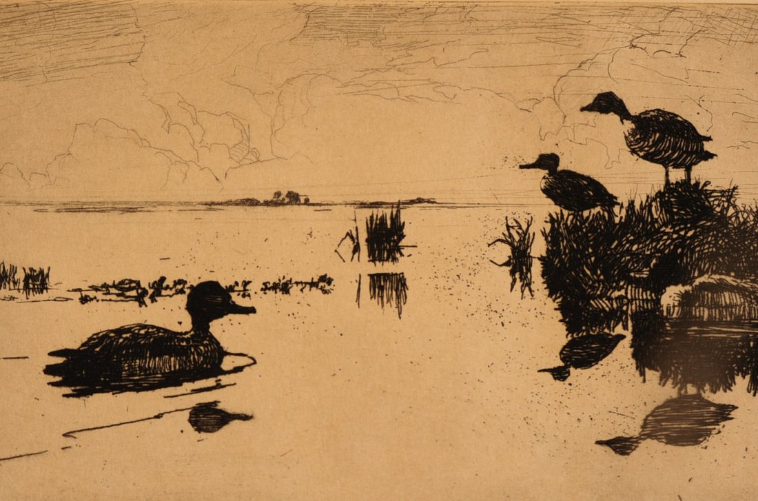 FRANK W BENSON (1862-1951) PENCIL SIGNED ETCHING: Signed in pencil lower left and marked '109' lower right. Image measures 3 x 5 on a 8.75 x 11.5 inch sheet with an overall frame measurement of 11 x 13 inches.We are happy to offer in-house shipping f