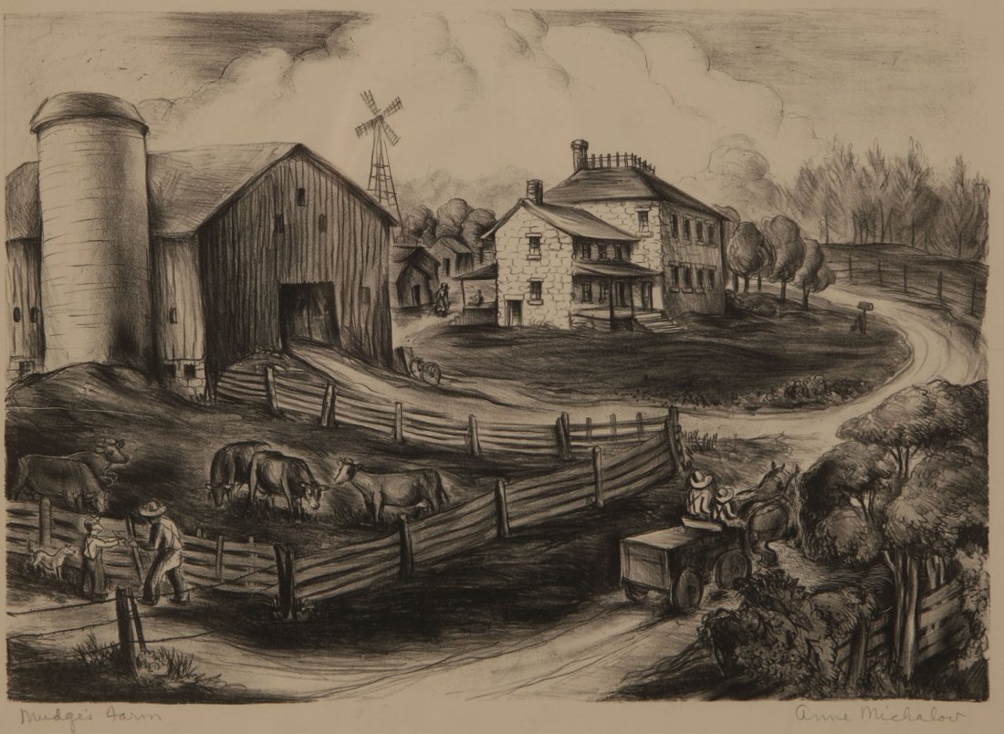 WPA ARTIST ANNE MICHALOV (1904-2001) 1930s LITHOGRAPH: Signed lower right, titled 'Mudge's Farm' lower left, image size 9.75 x 14, frame measures 17 x 21 inches, unknown low number edition. Anne Michalov was born in a small mining town in Grundy County Il