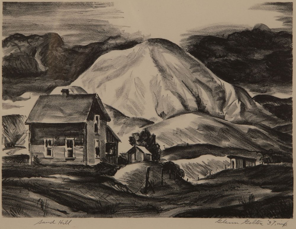 GLENN GOLTON (1897-1988) PENCIL SIGNED LITHOGRAPH: Titled 'Sand Hill' lower left, signed lower right, image measures 9 x 12, frame measures 17 x 21 inches. Glenn Golton won a prize for his entry in the 1939 Kansas City Art Institute Annual Exhibition.