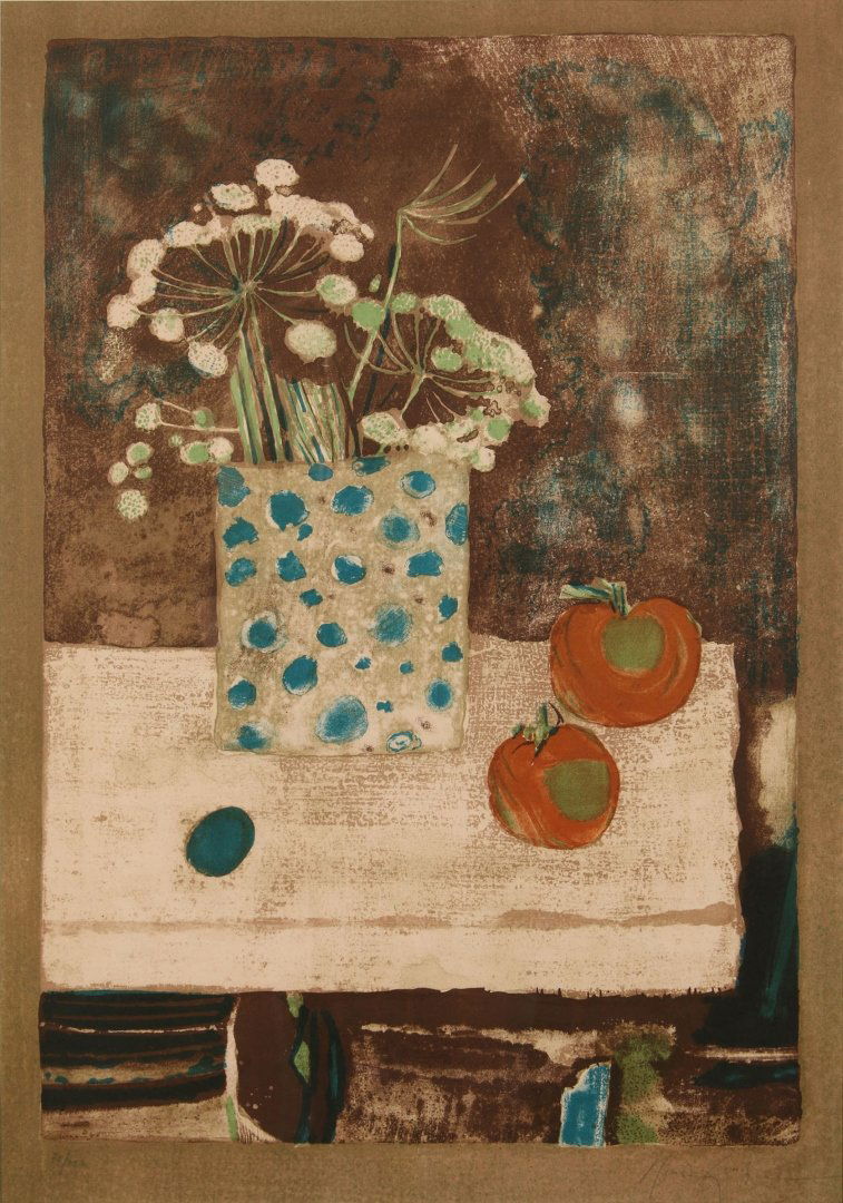 RENE GENIS (1922-2004) COLOR LITHOGRAPH: Signed lower right, edition 70/120 lower left, titled 'Les Ombelles' verso, sight size 25.75 x 17.75, frame measures 34 x 26 inches.We are happy to offer in-house shipping for all but very large or ve