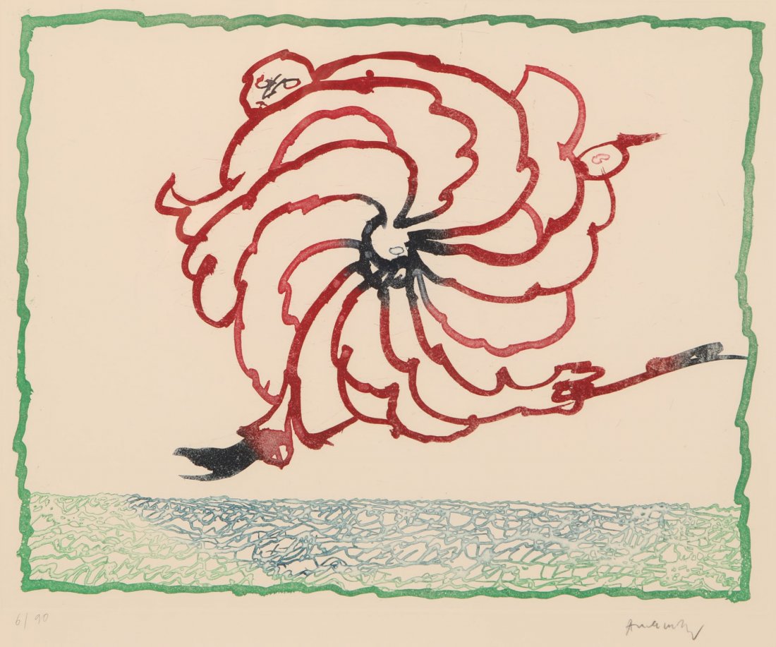PIERRE ALECHINSKY (BORN 1927) COLOR ETCHING: Pencil signed lower right, edition 6/90 lower left, titled 'Astroloque en Fruiti' verso on the liner, plate measures 15.5 x 19.5, frame measures 28 x 32 inches.We are happy to offer in-house shipping 